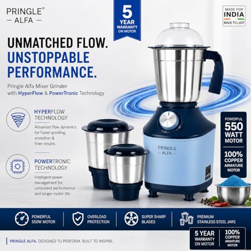 Image of Pringle Alfa 550W 3 Jar Mixer Grinder for Kitchen | 3 SS Jars (Liquidizing, Wet & Dry Grinder & Chutney) | Stainless Steel Blades | Compact & Powerful | 5 Yr Warranty | Blue