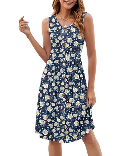 Image of KUOTAI Womens Summer Dresses Sleeveless Casual Loose Swing Button Down Midi Dress V-Neck Flowy A-Line Sundress