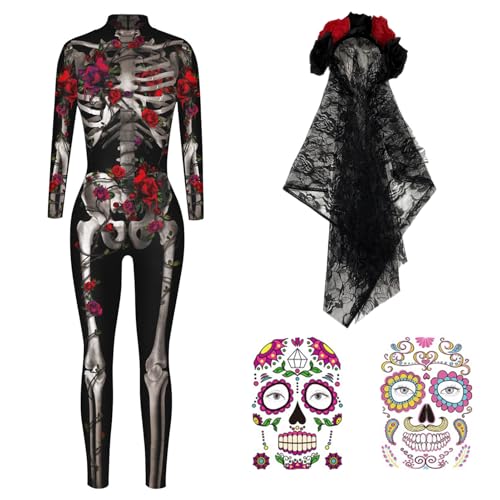 Antsparty Déguisement Squelette Femme Halloween, Combinaison d'Halloween pour femme, Combinaison Squelette Adulte Crâne 3D Jeu de Rôle Costume moulant pour...
