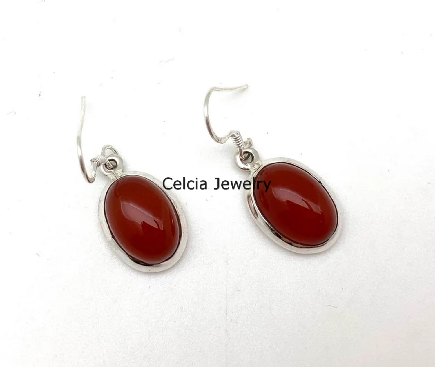 Pendientes colgantes de lágrima de plata de ley 925 auténtica para mujer, pendientes hechos a mano únicos de piedra preciosa natural de ónix rojo ovalado para ella