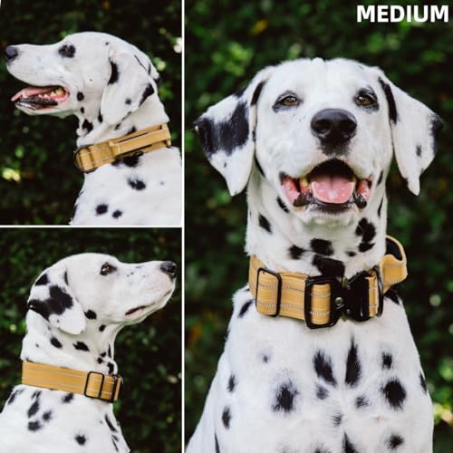 Image of Tuff Pupper Tactical Dog Collar | Heavy Duty 1.5 inch Wide Ballistic Nylon | Training Control Handle | Quick-Release Metal Buckle | Reflective Bands | ID Tag Holder | Padded Inner Lining (Tan, Medium)