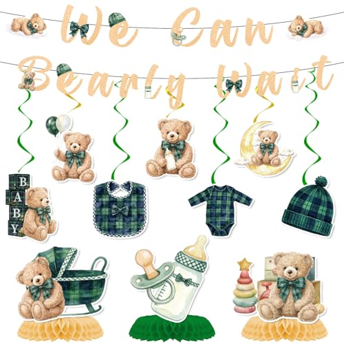 Image of Bearly Wait Baby Shower Decorations, 12PCS Vintage Plaid Teddy Bear Glitter Banners with Hanging Swirls Party Decorations, Welcome Baby Bear Honeycomb Centerpiece Decor Supplies