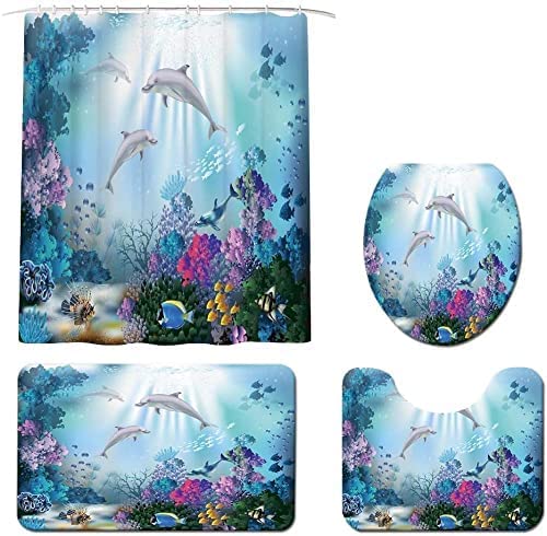 4 Pcs Shower Curtain Set with Rugs and Include Non-Slip Rugs, Toilet Lid Cover and Bath Mat Waterproof Shower Curtain Sets with 12 Hooks (C)