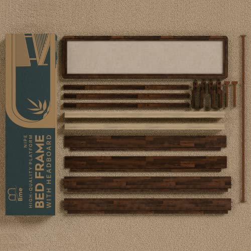 Bme S5YR2 Nipe Queen 14 Inch Bohemian Bed Frame With Adjustable Woven Headboard - Rustic & Vintage Unique Style With Acacia Wood - No Box Spring Needed - Easy Assembly - Walnut thumb #7