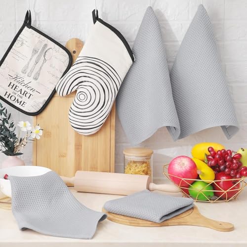 Image of Kitchen Cotton Lint Free Waffle Weave Hand Towels, Quick Drying Dish Cloths, Highly Absorbent Dish Rags Tea Towels Set with Hanging Loop, 13.4 inchx 13.4 inch, Light Grey, Pack of 6