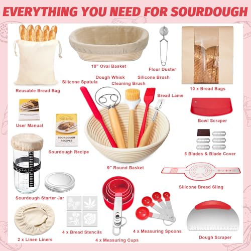 Image of EWFEN Sourdough Starter Kit with Round & Oval Banneton, Complete Sourdough Bread Baking Supplies, Bread Proofing Basket with Starter Jar, Bread Making Tools Kit for Beginners & Bakers