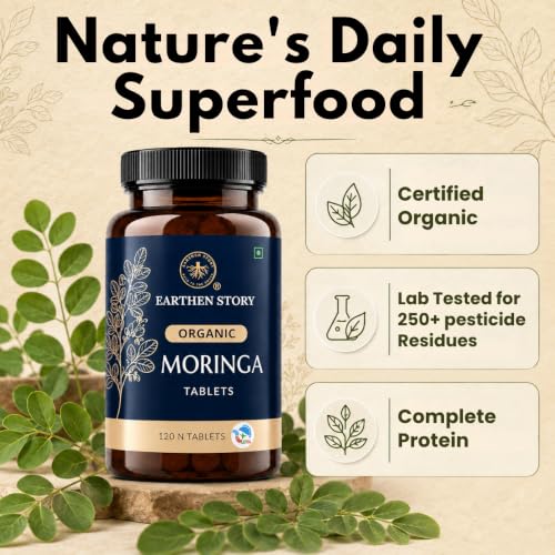 Image of Earthen Story Certified Organic Moringa Tablets (120) | Lab Tested for 270+ Pesticides | Drumstick Leaf Superfood for Energy & Daily Nutrition | Vegan, Non-GMO