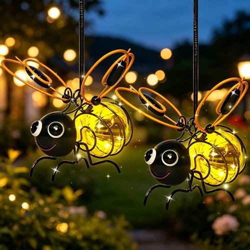 HuaMuDM Hängende Bienen-Solarlichter für Außen 2 Stück Bienen Deko Solarleuchte Hängende Lampen Solar Biene Tiere Lichter Hängende Lampen Solar Lichter Wasserdicht Balkon Rasen