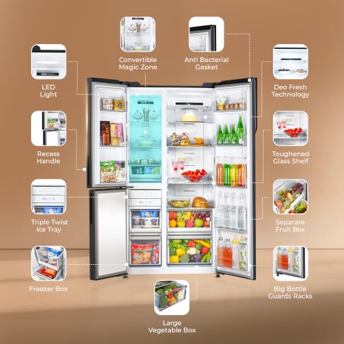 Image of Haier 598 L 3 Star Frost Free Expert Inverter Smart Sense AI enabled 3-Door Side by Side Refrigerator (HRT-683ISU1, Inox Steel, Magic Convertible Zone, Deo Fresh Technology, 2026 Model)