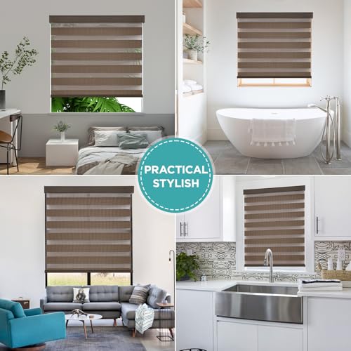 Joydeco Cordless Zebra Blinds for Windows, Dual Layer Light Control Window Blinds with Light-Proof Aluminum Cover, Free-Stop Roller Shades for Home & Office (Coffee,15" W x 48" H)