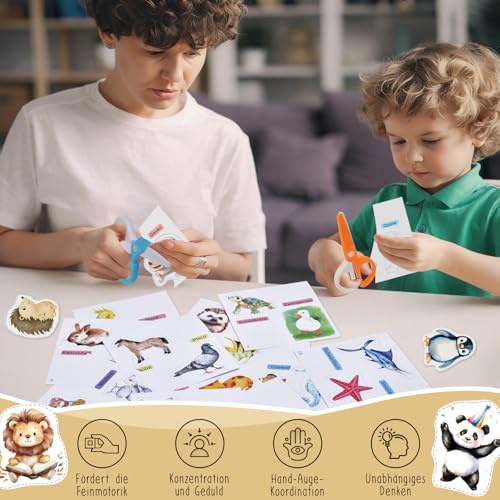 Kinder Papierschnitt Set, 2 Stück Kinder Sicherheit Schere + 48 Blatt Papier mit je 2 Tieren, Papierschneid-Aktivitätsset Vorschule Kindergarten Kita Spaß DIY Lernspielzeug Pädagogisches Spielzeug