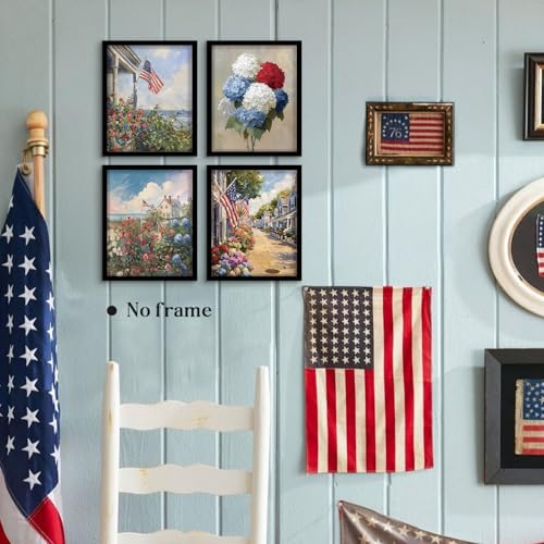 Image of WEFKODO Vintage Patriotic Decor Wall Art Prints 4Pcs, Retro Hydrangea Floral America Flag Pictures Wall Decor, Patriotic 4th of July Decorations for Home Bathroom Bedroom Set of 4, 8x10 Inch Unframed