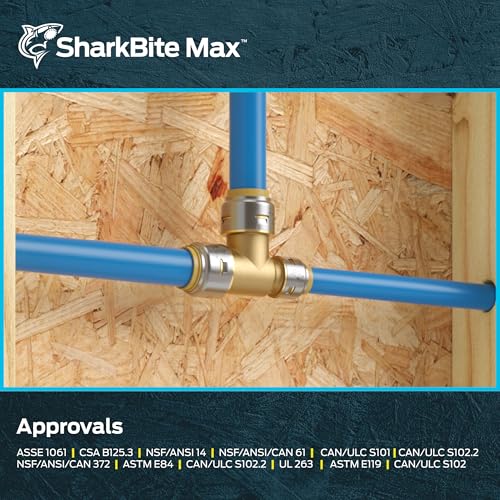 Image of SharkBite Max 3 /4 Inch x 1 /2 Inch x 3 /4 Inch Reducing Tee, Pack of 6, Push To Connect Brass Plumbing Fitting, UR444