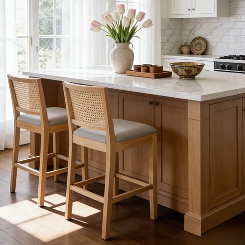 Image of Rattan Counter Height Bar Stools, 25.6'' Modern Counter Stools with Cane Back, Mid Century Bar Chairs for Kitchen Counter /Home Bar /Cafe, Set of 2, Grey