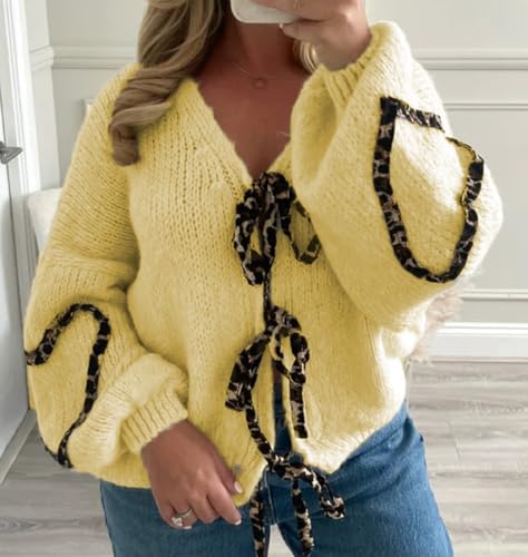 Image of Women's Tie Knot Leopard Heart Print Knit Cardigan Oversized V Neck Open Front Bandage Sweater Trendy Fall Knit Outwear