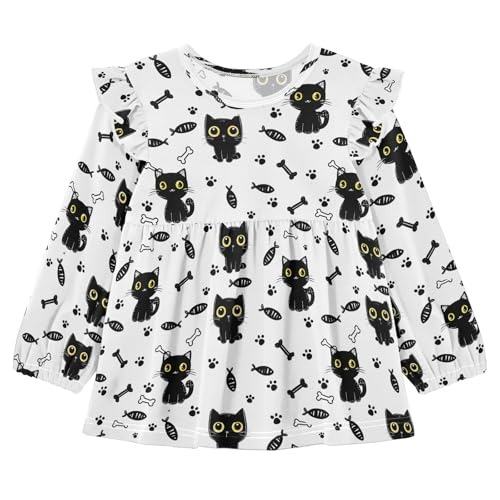 Black Cat Footprint with Fishes Girls Shirts Cotton Long Sleeve Ruffle Toddler Tee Tops