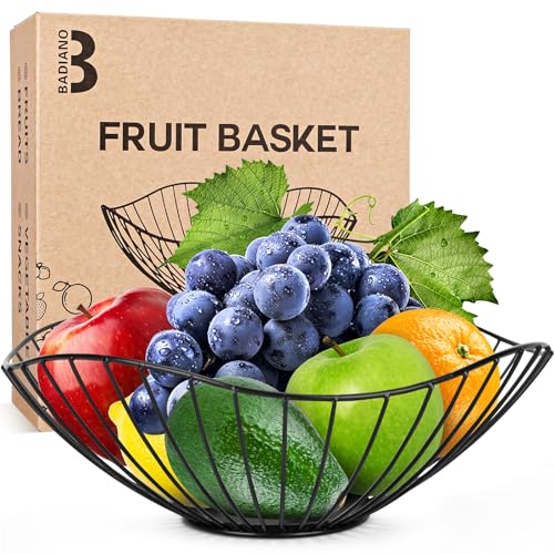 Badiano Countertop Fruit Bowl Metal Wire Basket for Home Decor, Table Centerpieces Fruits, Fruit Holder Stand Storage Baskets for Breads, Vegetables,Snacks, Black