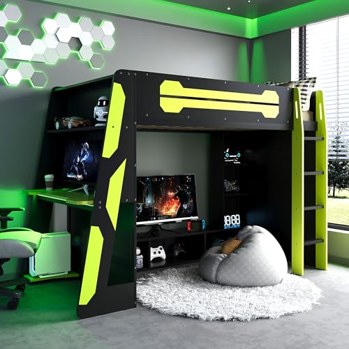 Image of Harper & Bright Designs Twin Size Wood Loft Bed with Desk and Multi-Storage Shelves, Wooden Gaming Loft Bed Frame with RGB Light, Space-Saving Bed with Safety Guardrail, Green