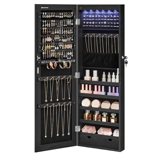 Image of SONGMICS Hanging Jewelry Cabinet, Wall-Mounted Cabinet with LED Interior Lights, Door-Mounted Jewelry Organizer, Full-Length Mirror, Gift Idea, Ink Black UJJC099B01