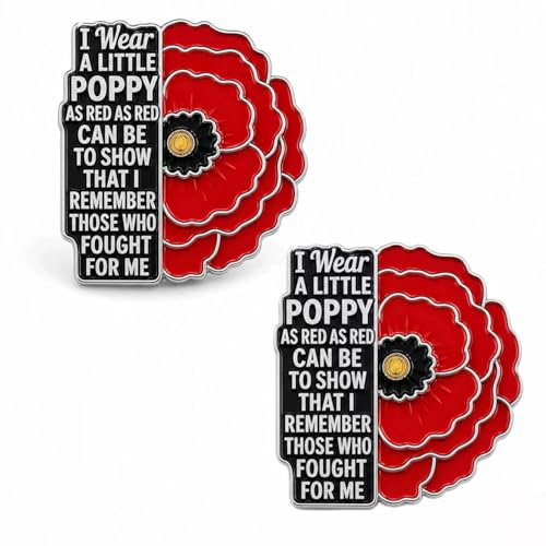 Metal Red Poppy Pin Brooch - Remembrance Day Poppy Badge 2 Pack Veterans Armed Forces Commemorative Lapel Pins for Men Women Memorial Poppy Flower Brooches Jewellery for Coat Hat Backpack