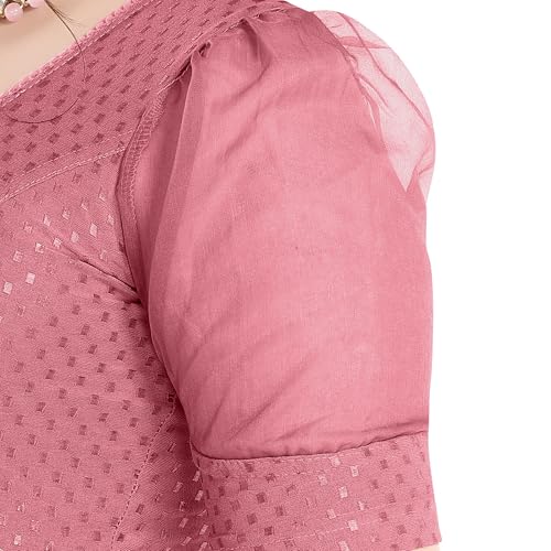 Image of FINESTFIT Stay On Trend Fashion 100% Cotton Readymade Blouses for Women,Round Neckline with Organza Balloon Sleeves.
