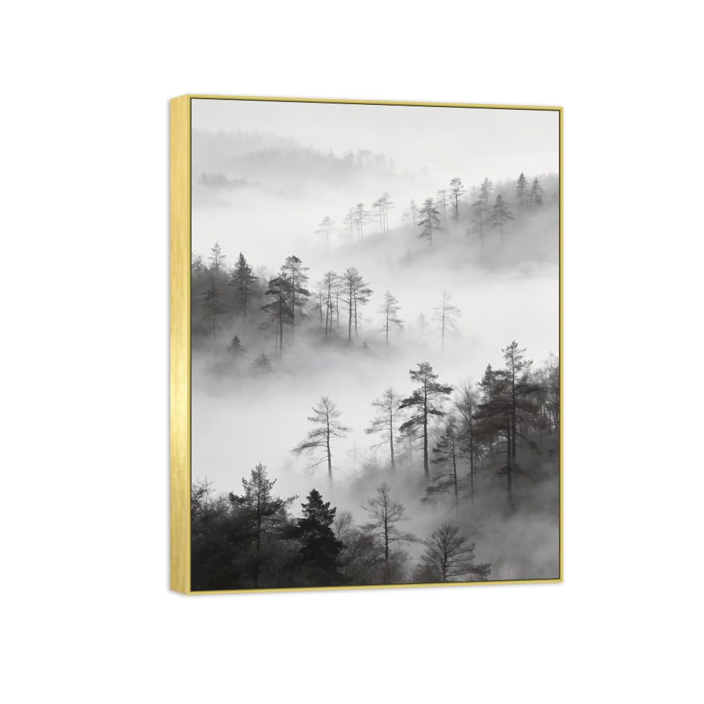 OZPWBVY Foggy Tree Black White Landscape Canvas Picture 90x117cm Gold Frame
