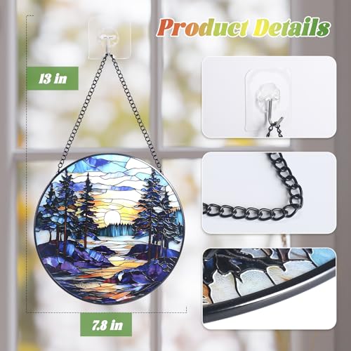 Stained Glass Window Hanging，Sunset Lake Mountains Tree Sun Catcher for Garden Home Decor,Landscape Suncatcher Decor for Birthday Gifts for Women Wife Mom and Loves 7.8 in — view 5
