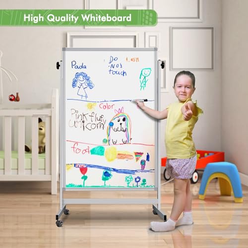 Rolling Whiteboard on Wheels, 32x48 Inches Double-Sided Magnetic Dry Erase Board with Stand, Height Adjustable Mobile White Board Easel for Classroom Home Office