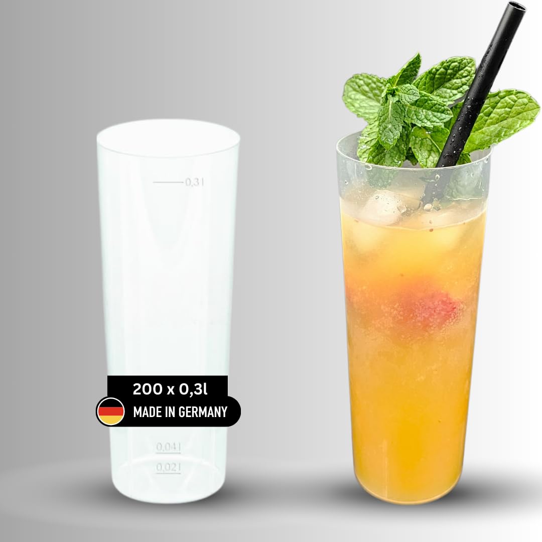 200 Longdrinkbecher | Mehrwegbecher 300ml Made in Germany | Getränkebecher mit Eichstrich | wiederverwendbar | Transparent aus PP | Trinkbecher 0,3l | Bierbecher | Partybecher