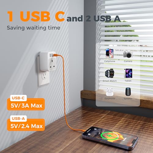 Image of TESSAN UK to US Plug Adapter, UK Adapters for Travel with AC Outlet 3 USB (1 USB C), Type G Power Adapter Ireland London Scotland Kenya Dubai Singapore to Type B USA Travel Adaptor