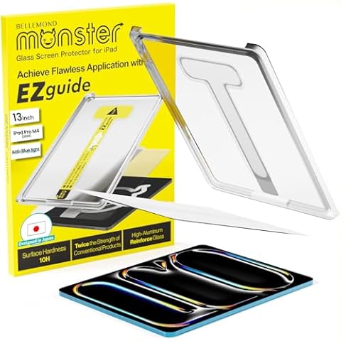 BELLEMOND Tempered Glass Screen Protector designed for iPad Pro 13" M4 (2024) - Anti Blue Light filter「EZ Guide」Alignment Kit for Flawless Installation, 10H Hardness - Designed in Japan W24M4IPDP13GBL Cover