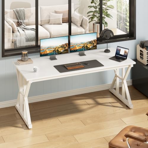 Image of 55 inch Large Computer Desk with Thickened Frame for Home Office, Living Room | Modern Simple Executive Desk, Larger Gaming Desk with X-Shaped ReInchforcement, White