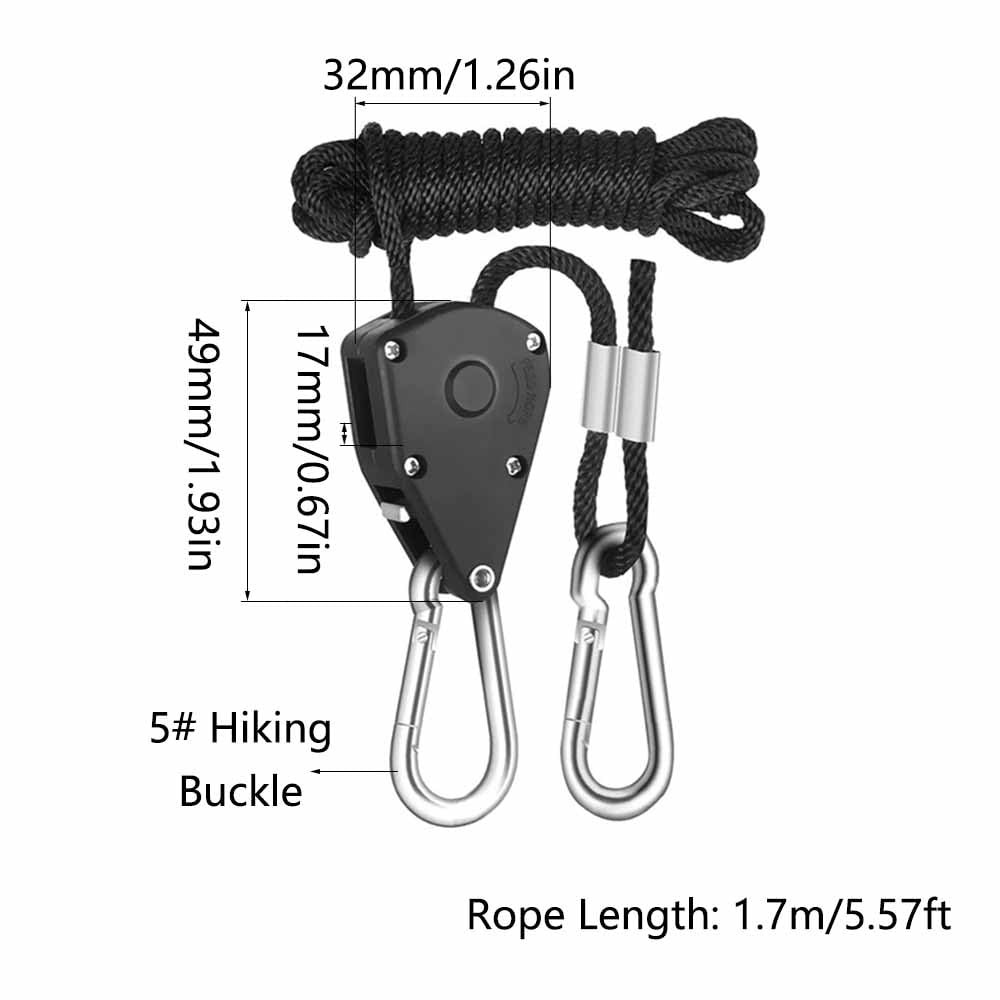 Confezione da 4 ganci a cricchetto, corda regolabile a cricchetto, 1/8 pollici, robusta clip per puleggia per gancio e tenda, portata 68 kg/150 lbs