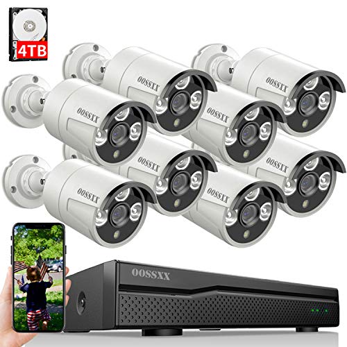 OOSSXX 8CH 5MP POE Home Security Video Surveillance Camera System, 8pcs Wired Bullet IP Cameras Kit, 8-Channel NVR with 4TB Hard Drive, 24/7 Recording, One-Way Audio, H.265+ Nigh Vision