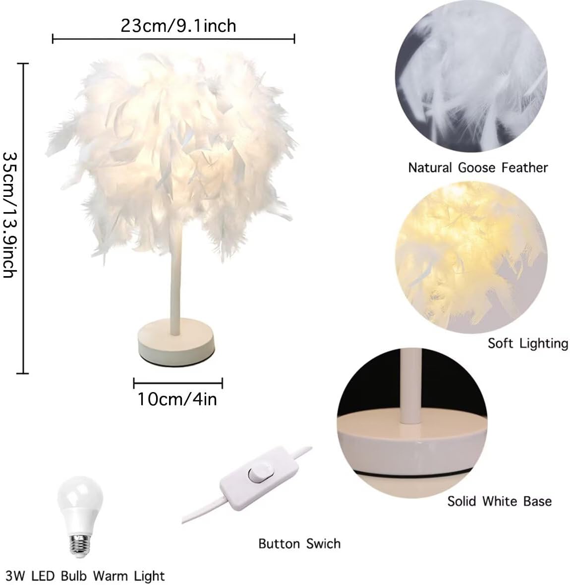 Mini White Feather Table Lamp Bedside Lamp Table Light Desk Feather Lampshade for Bedroom, Home Decoration, Photography Props, Style 2, S