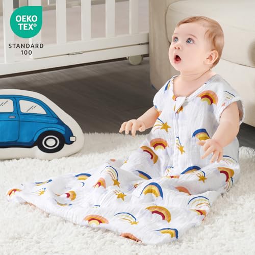 Image of david's kids Muslin Cotton Baby Sleep Sack 0-6 Months, 2 Pack 100% Cotton Sleeping Bag for Summer, TOG 0.5 Baby Wearable Blankets with 2-Way Zipper, Soft Sleep Sacks for Newborn Infant, Rainbow