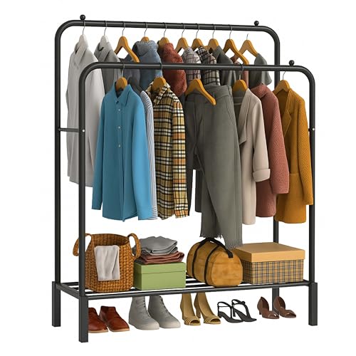 DIVCHI Double Rail Clothes Rack Heavy Duty Freestanding Metal Garment Organizer Stand with Dual Hanging Bars & Bottom Storage Shelf & Hook for Bedroom Laundry Room & Entryway (Black)