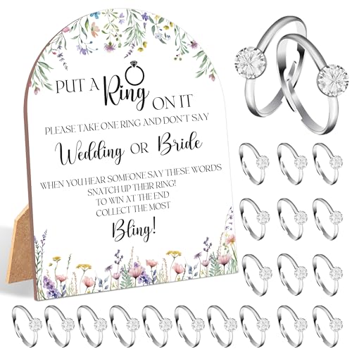 51 Pc Wildflower Put A Ring on it Bridal Shower Game Boho Flowers Dont Say Wedding or Bride Game 6x8 Inch Arch Wooden Sign with Stand and 50 Fake Rings Wedding Shower Decor - TCJ06