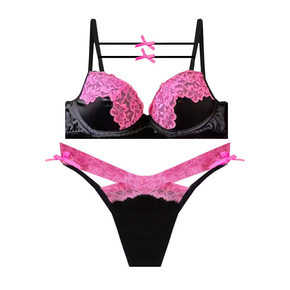 Pink & Black Padded Push up Bra Panty Lingerie Set for Women-image-40