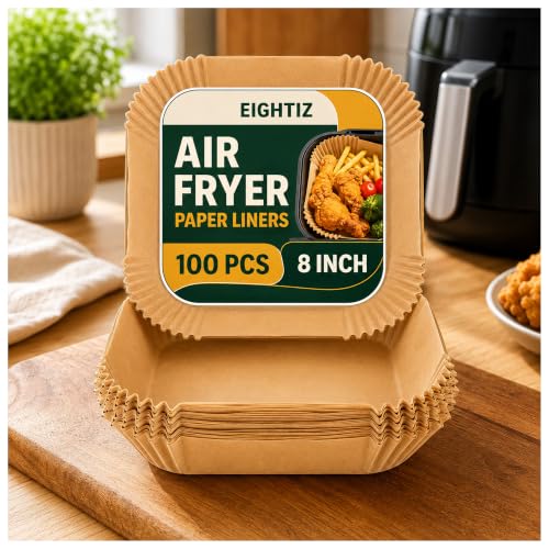 Image of Eightiz 100 PCS Air Fryer Paper Liners, Disposable Parchment Paper, Oil-Proof Non-Stick Baking Sheets for Air Fryer, Microwave, Baking, Roasting, Frying & Cooking (Square, 8 Inch).
