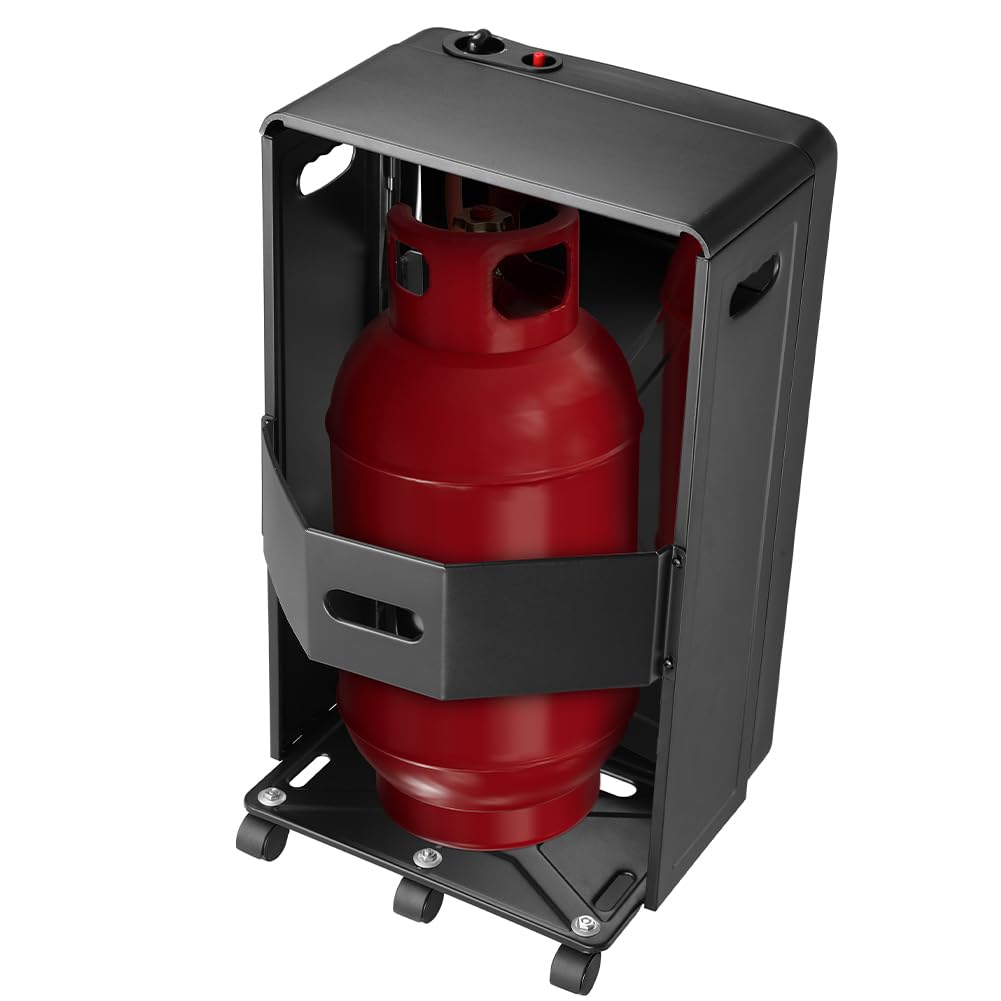 BAKAJI Stufa a Gas Pieghevole per Bombola GPL di 15 kg con 3 Elementi Riscaldanti e 3 Potenze Selezionabili, Accensione Piezoelettrica, Struttura in Metallo Nera, 4 Ruote Sistema Antiribaltamento