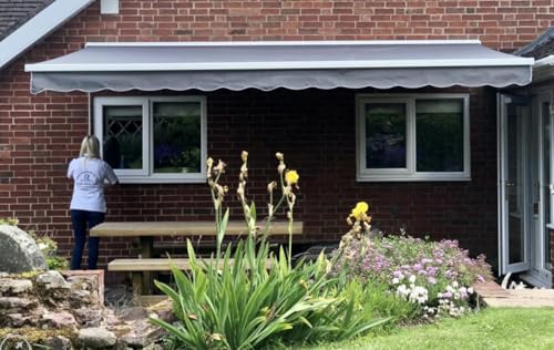 INT400 INTELROLL Half Cassette Retractable Awnings for Patio, Garden, Shop front- 3.5m x 3m / 11’6″ x 9’10” - ELECTRIC with Remote Control- Frame White- Fabric PU Grey Polyester