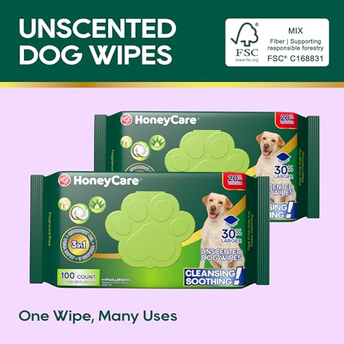 Image of HONEY CARE Disposable Pet Wipes for Dogs & Cats, Fragrance-Free, Cleansing & Soothing for Paws, Butt & Body, 100 Count (Pack of 9)