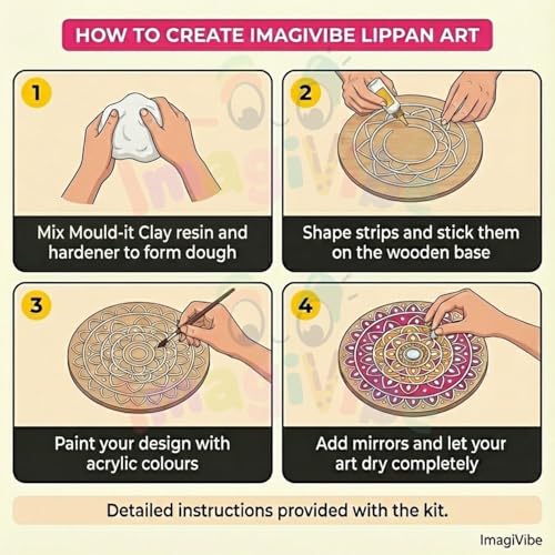 Image of ImagiVibe DIY Lippan Art Kit for Kids and Adults | 2 Pre-Marked 12 Inch MDF Boards with Stand | Indian Folk Art Craft Kit with Clay Mirrors and 6 Non-Toxic Pastel Acrylic Paint Colors | Wall Decor DIY Gift Kit (12inch Pastel Colors)