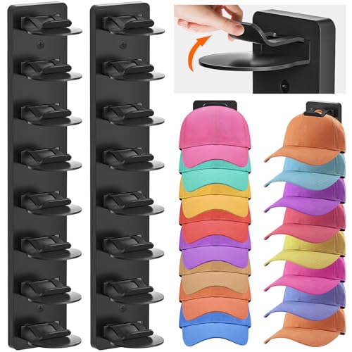 Eiito Hat Organizer for Baseball Caps, 2 Pack Strong Adhesive Hat Rack for Wall, Multilayer Hat Storage Display Holder, Wall Mounted Hat Hooks Hold up to 16 Hats for Closet Door and Bedroom (Black)