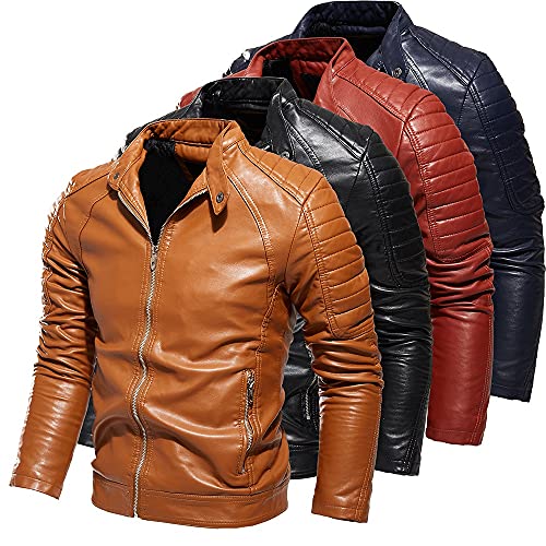 Stand Collar Leather Men’s Jacket Casual Faux Leather Motorcycle Jacket Outerwear Coat with Zipper Pockets4