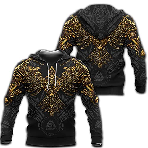 Unisex 3D Print Gold Crow Tattoo Hoodie, Norse Viking Odin Raven Pullover Hoody Streetwear Sweatshirt3