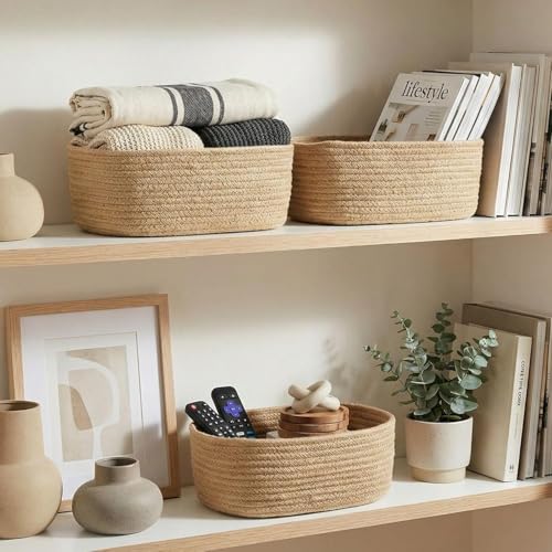 Image of 100% Natural Jute small box mini rope paper storage Round hamper baby nursery tray bucket for Living Kitchen, Drawing Room,fruits, kitchen, office, (3 set oval beige)