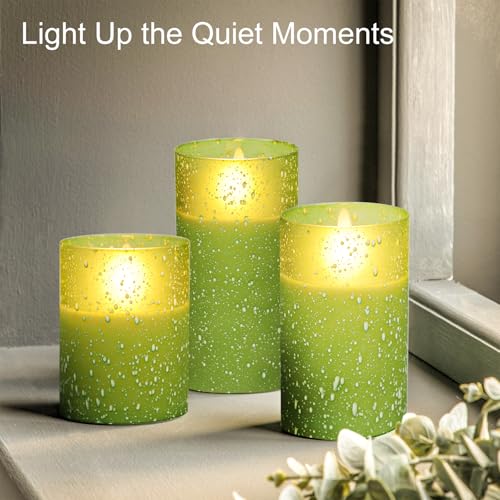Image of Green Flameless Candles with Remote, LED Flickering Battery Operated Pillar Candles with Time, Safe for Home Decor, 3 Sizes (3x4, 3x5, 3x6), No Flame, Ideal for Parties and Events