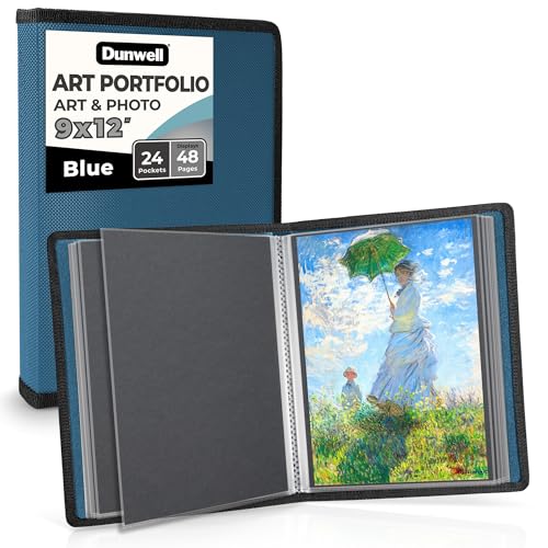 Dunwell Pasta portfólio de arte 9 x 12 - (azul), pasta portfólio para arte, pasta de arte de 24 x 12, exibição de 24 bolsos 48 páginas, fichário de carteira, livro de carteira, fichário de arte, portfólio de arte infantil 24 x 12